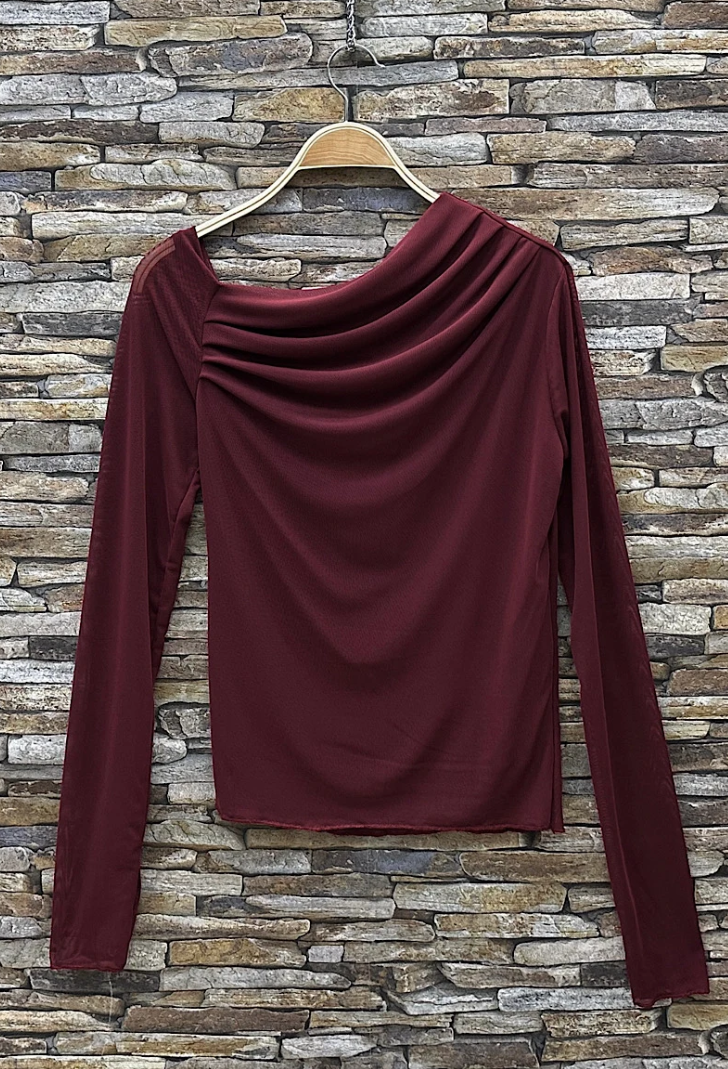 Burgundy Draped Mesh Sleeve Blouse