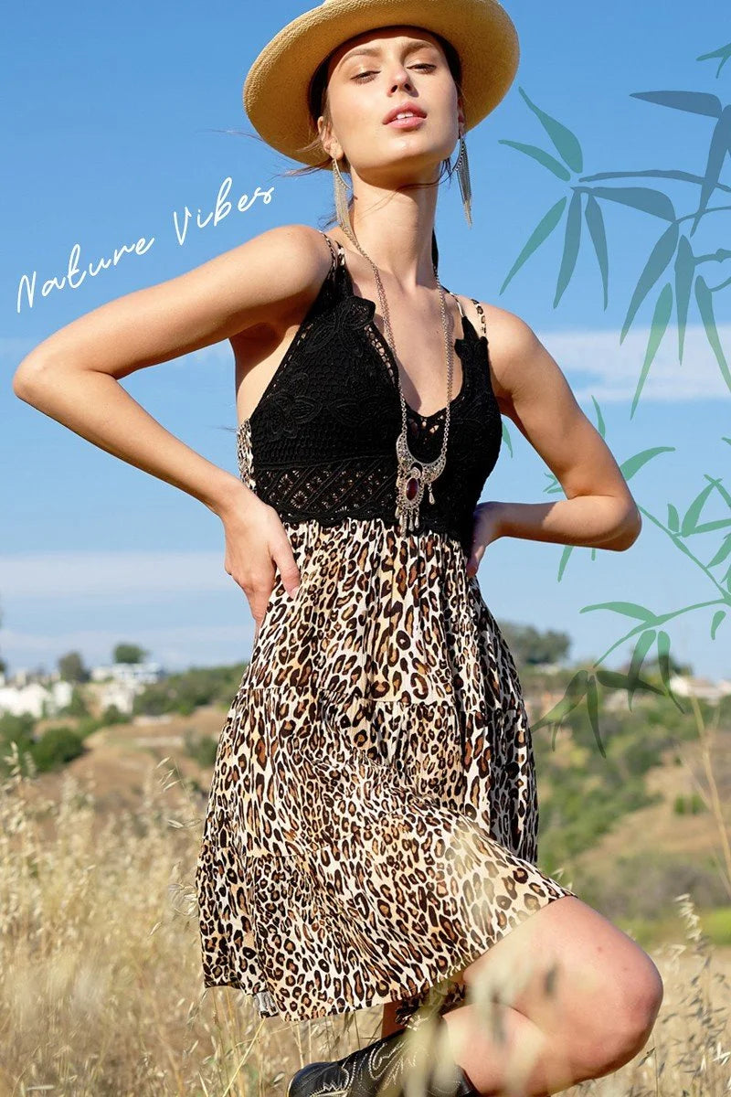 Flower Crochet Leopard Print Slip Dress