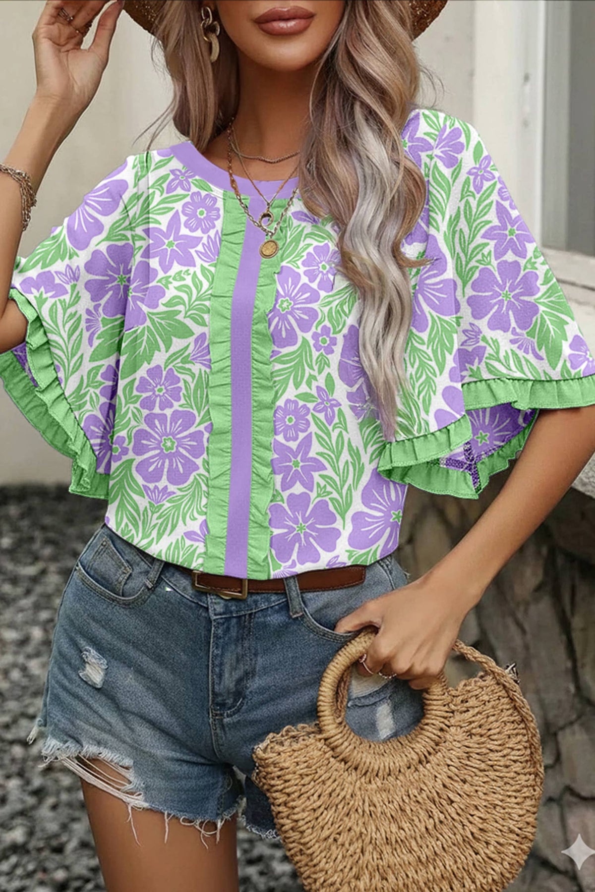 Floral Print Frill Trim Blouse