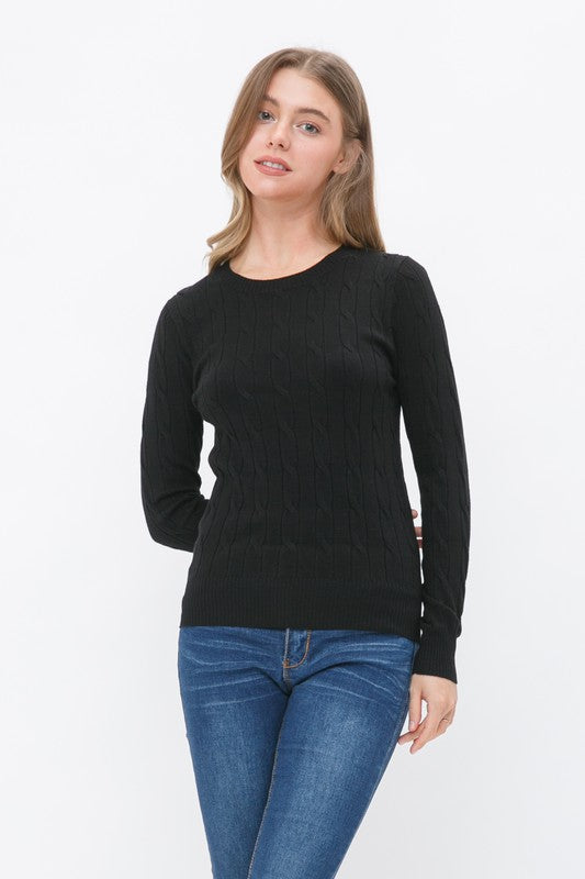 Cable Knit Crewneck Pullover in Black - Classic Winter Essential