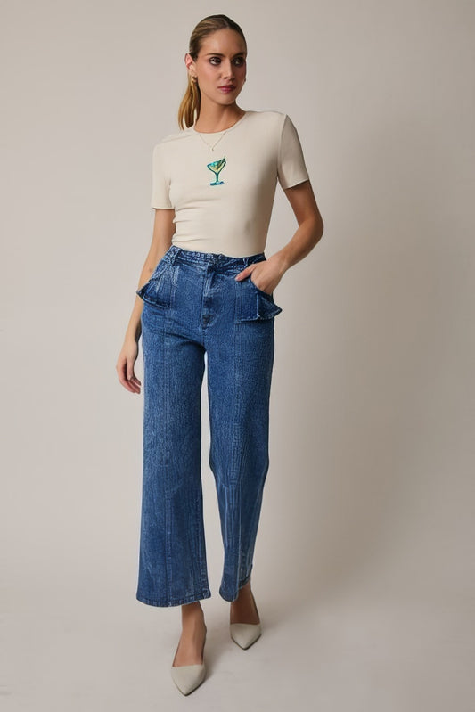 Ruffle Detail Wide Leg Stretch Denim Pant