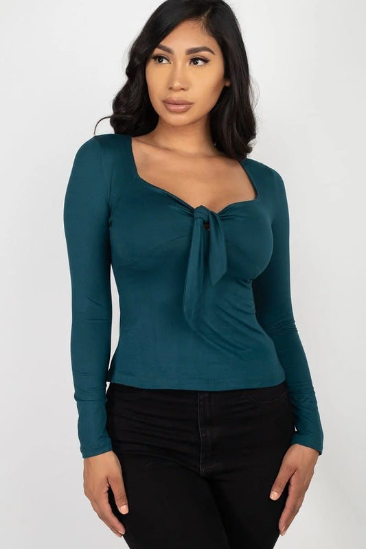 Sweetheart Neck Tie Front Long Sleeve Top