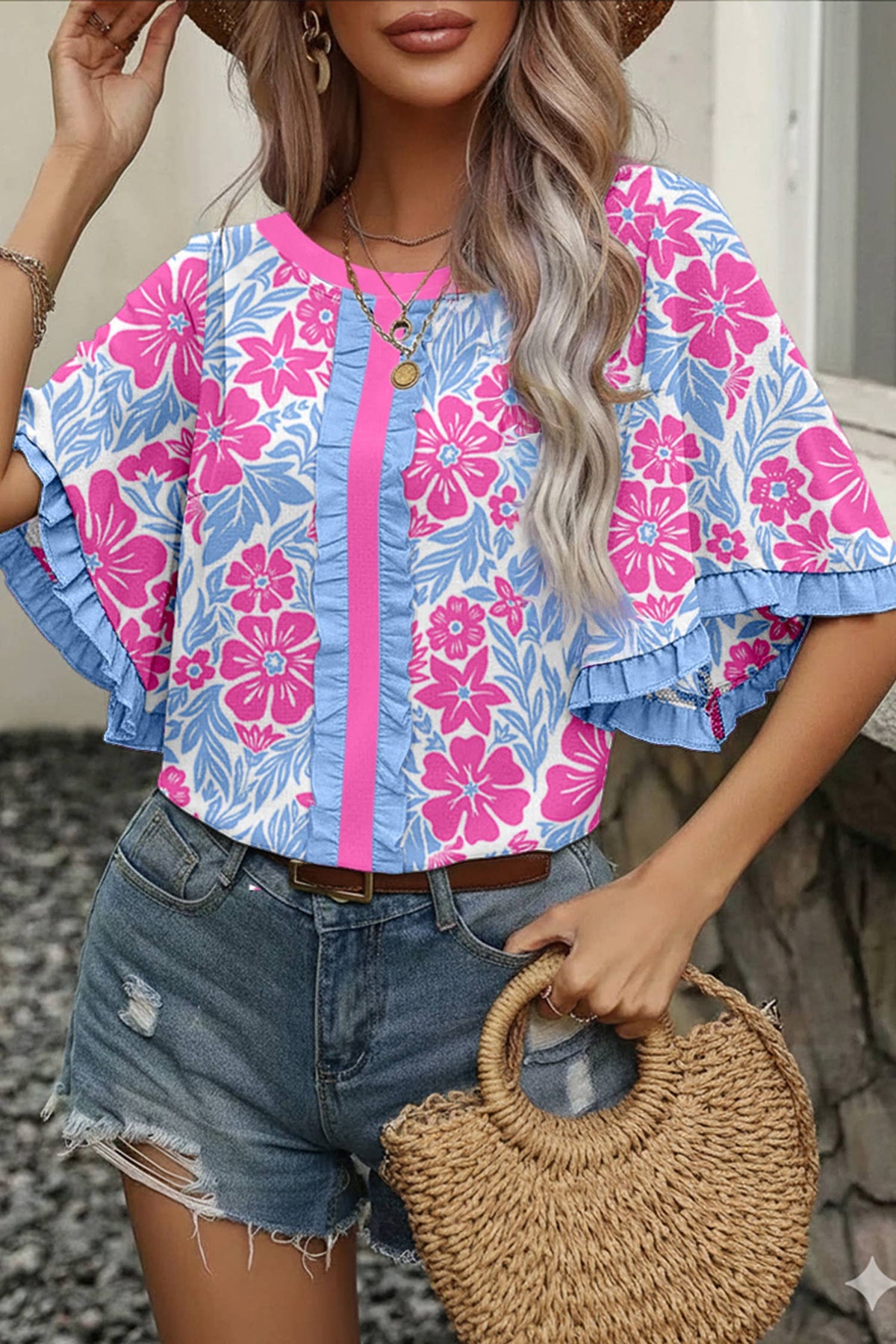 Floral Print Frill Trim Blouse
