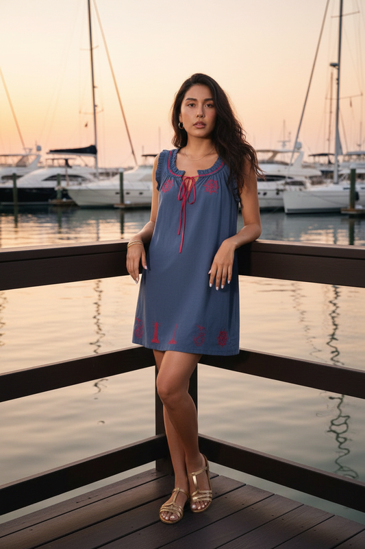 35-year-old model in nautical dress at marina with luxury yachts