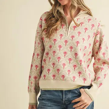 Floral Mock Neck Half Zip Pullover - Cozy Travel Essential