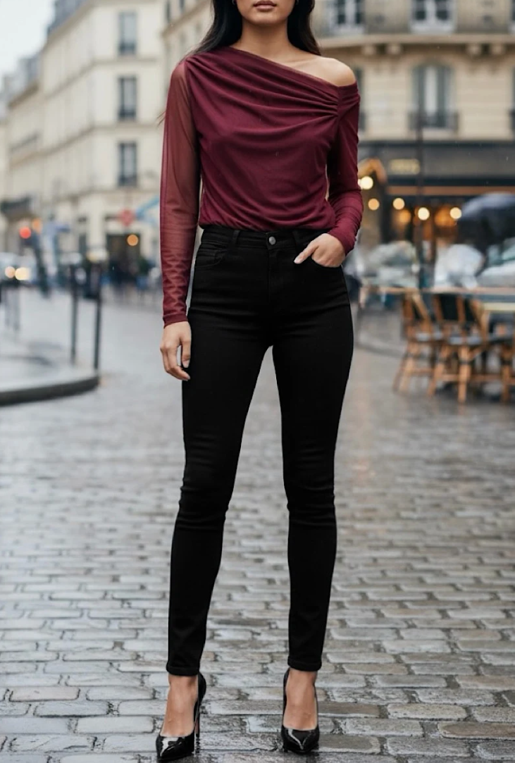 Burgundy Draped Mesh Sleeve Blouse