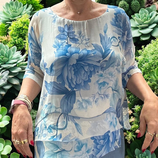 Italian Silk Print Top with Frayed Front Layers — New Style