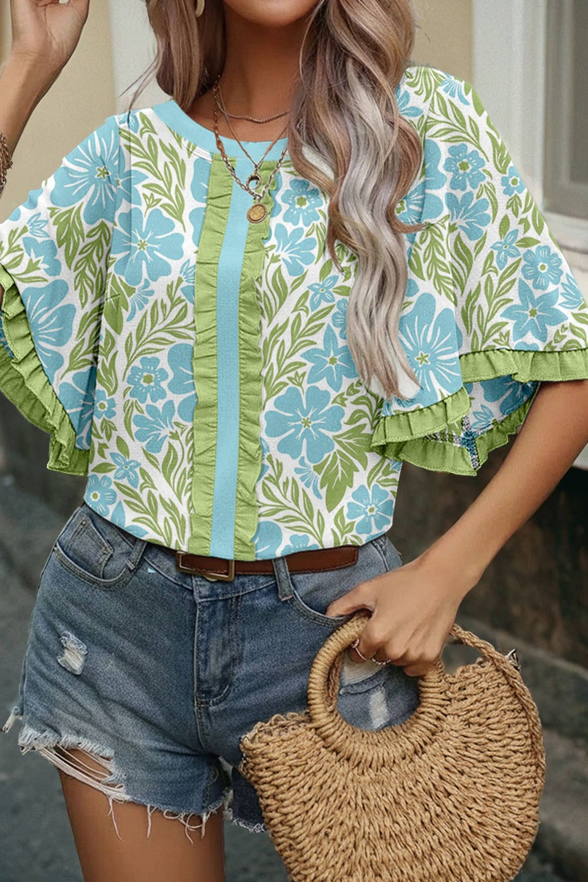 Floral Print Frill Trim Blouse