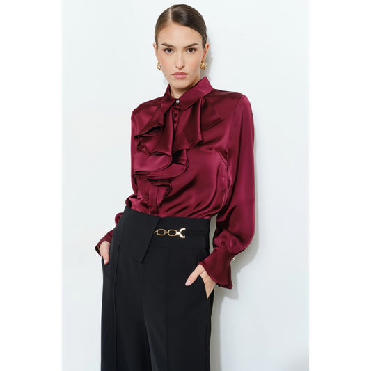 Burgandy Satin Ruffle Blouse