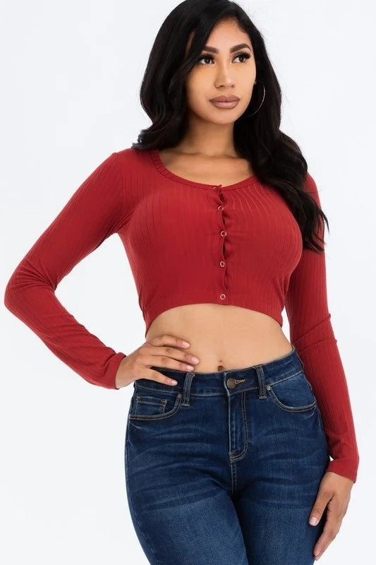 Long Sleeve Snap Down Rib Crop Top