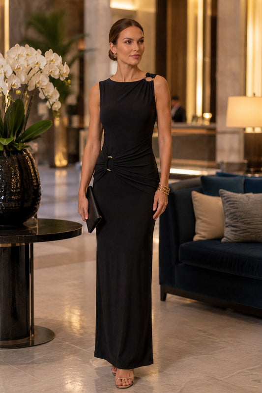 Sleek ITY Maxi Dress with Gold Waist Accent And Shoulder