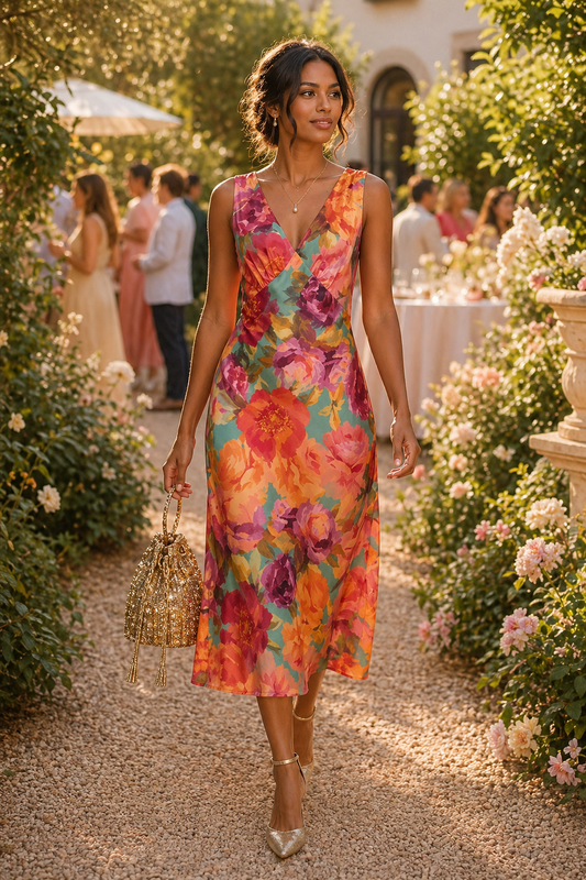 Vineyard Floral Slip Dress – Lined Satin Midi