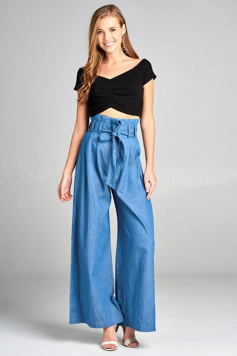 High Waist Wide Leg Pants With Tie Belt