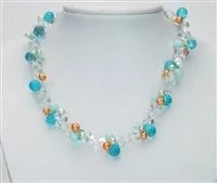 Blue Gem Crystal & Clear Crystal with Orange Pearl Necklace