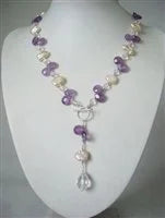 Amethyst & Freshwater Pearl With Clear Crystal Teardrop Necklace