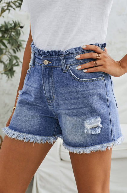 High Rise Ruffle Waist Denim Shorts