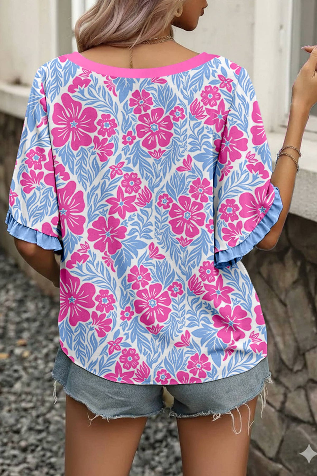 Floral Print Frill Trim Blouse
