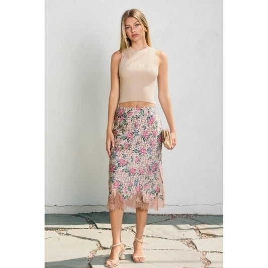 Soft Bouquet Lace Hem Pencil Skirt