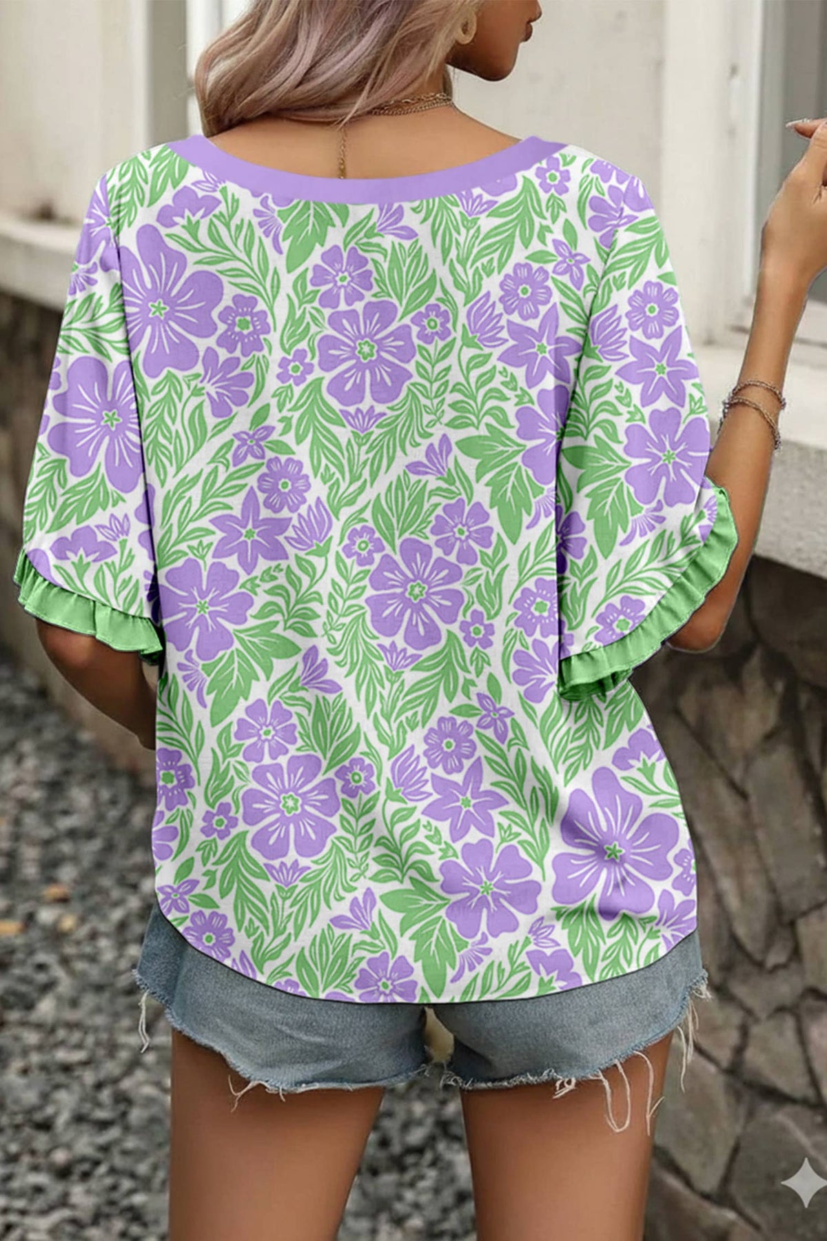 Floral Print Frill Trim Blouse