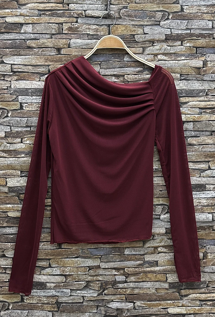 Burgundy Draped Mesh Sleeve Blouse