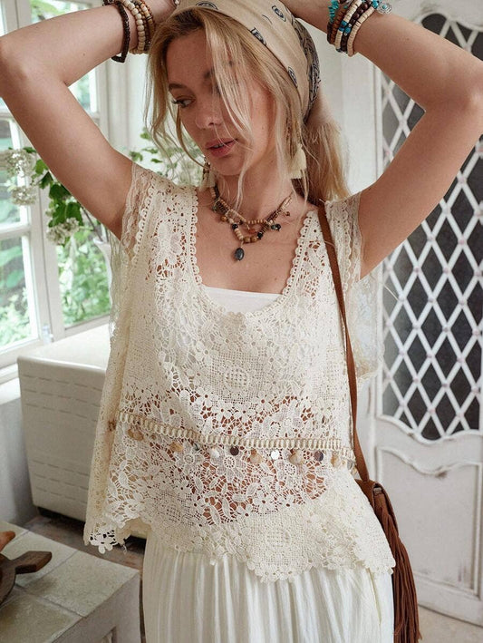 Crochet Lace Shell & Stone Trim Tank | SS26