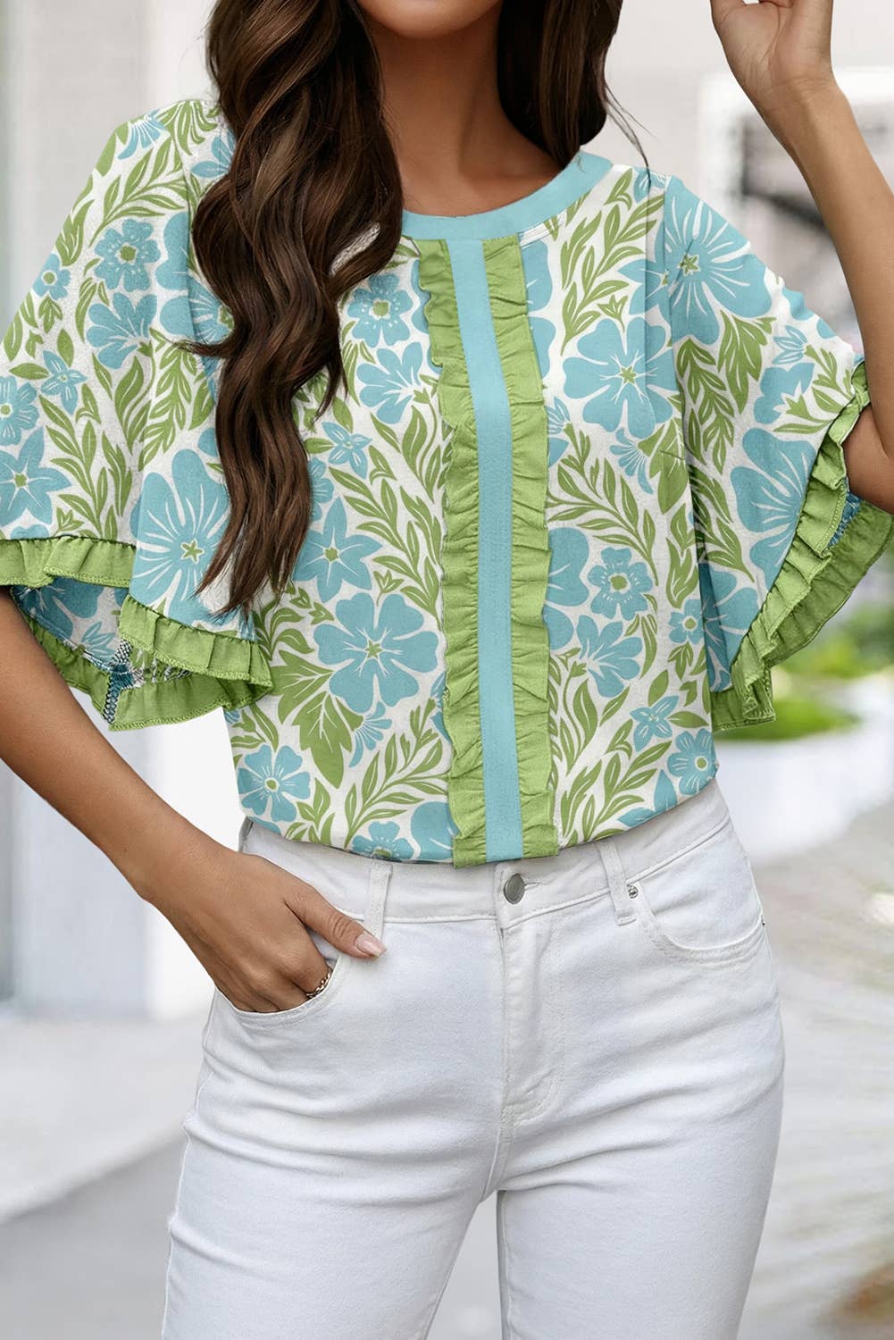 Floral Print Frill Trim Blouse