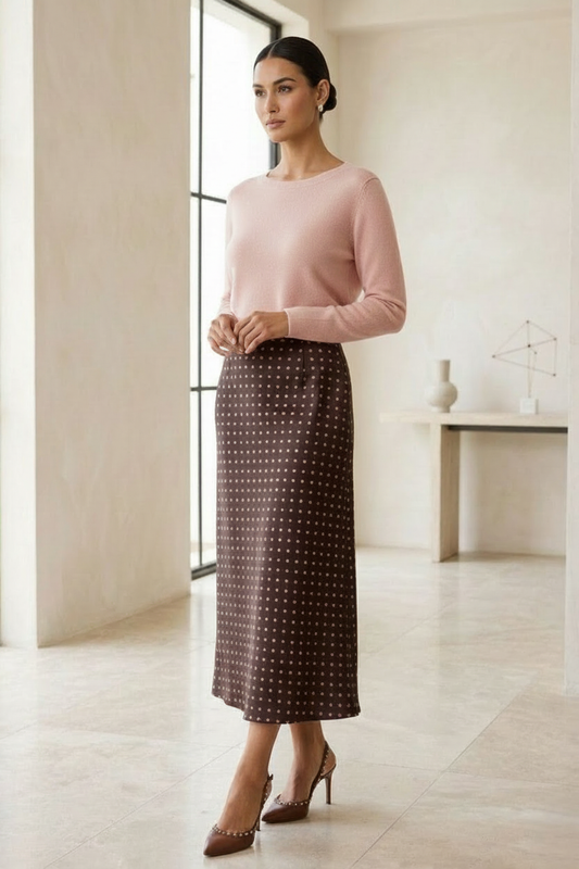 Exact Pink Sweater + Straight Polka Dot Skirt
