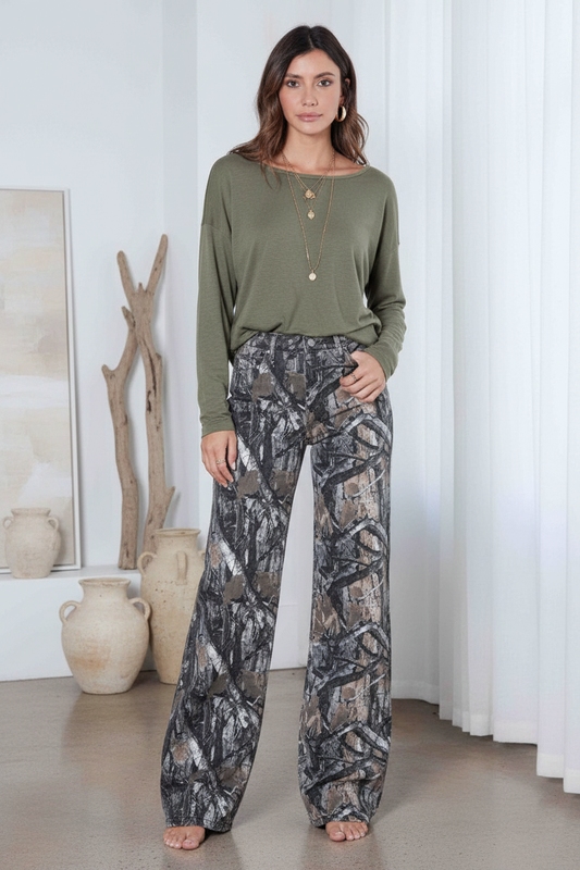 High Rise Camo Jeans with Olive Top