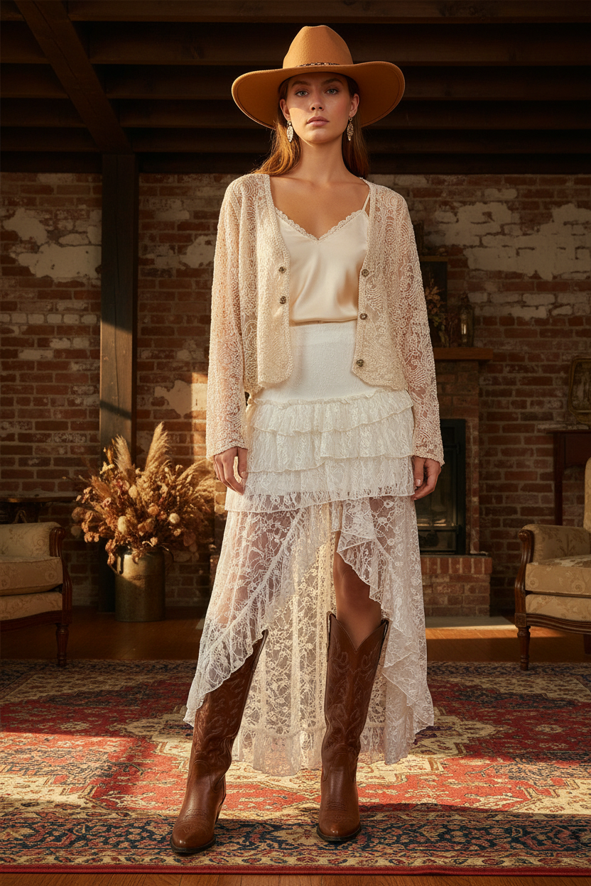 Lace Cardigan with Western Cowboy Boots